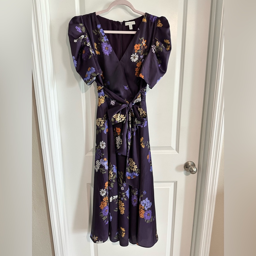 Monique Lhuillier ML floral print puff sleeve midi dress women’s size 8 GUC - Picture 2 of 16